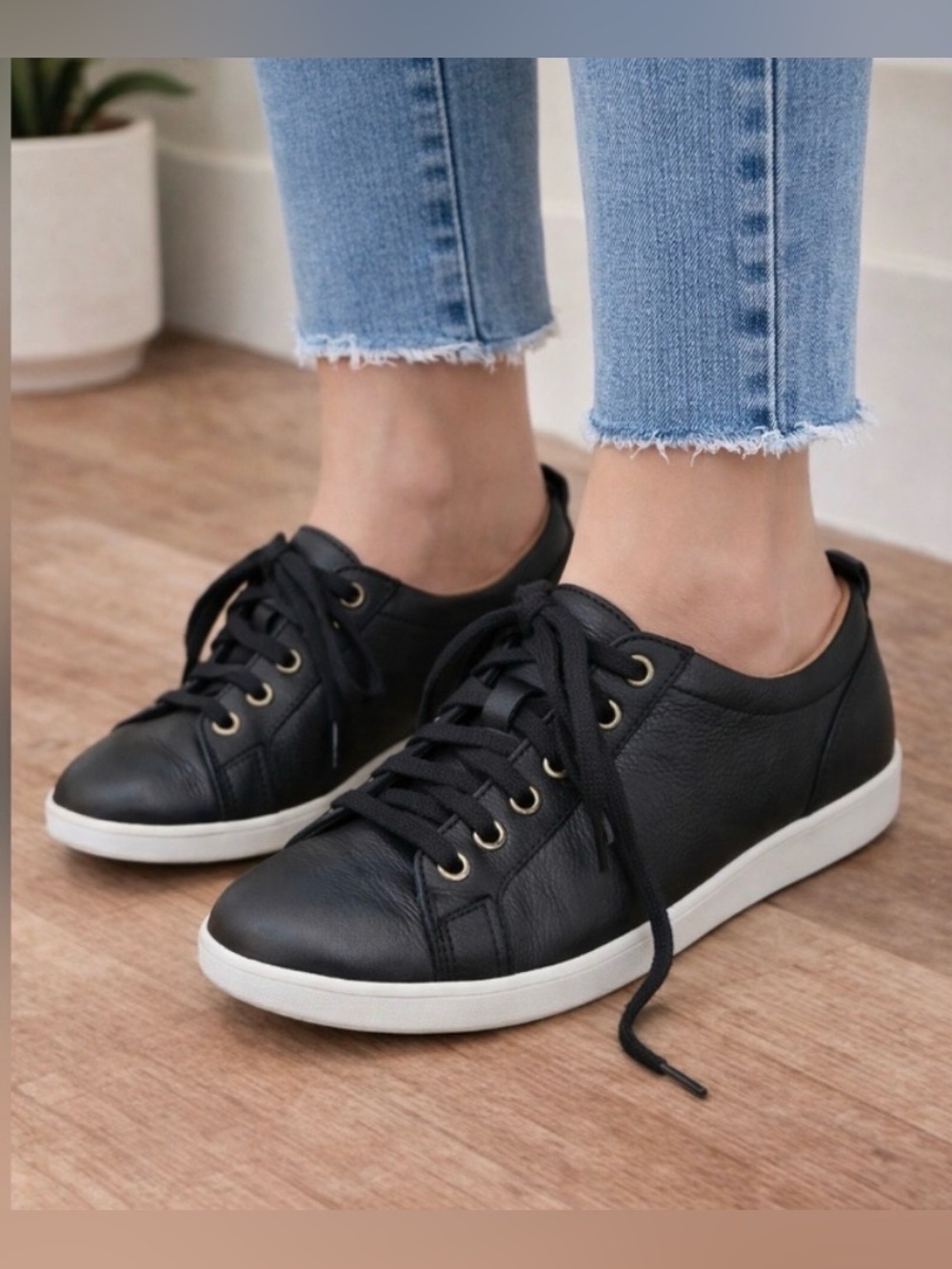 Vionic Black Leather Lace-Up Sneakers with White Sole